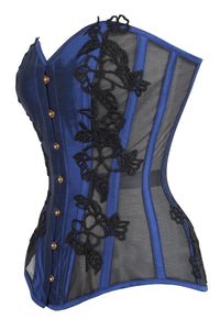 Blue Satin Bustier Longline Corset with Lace and Mesh Panels