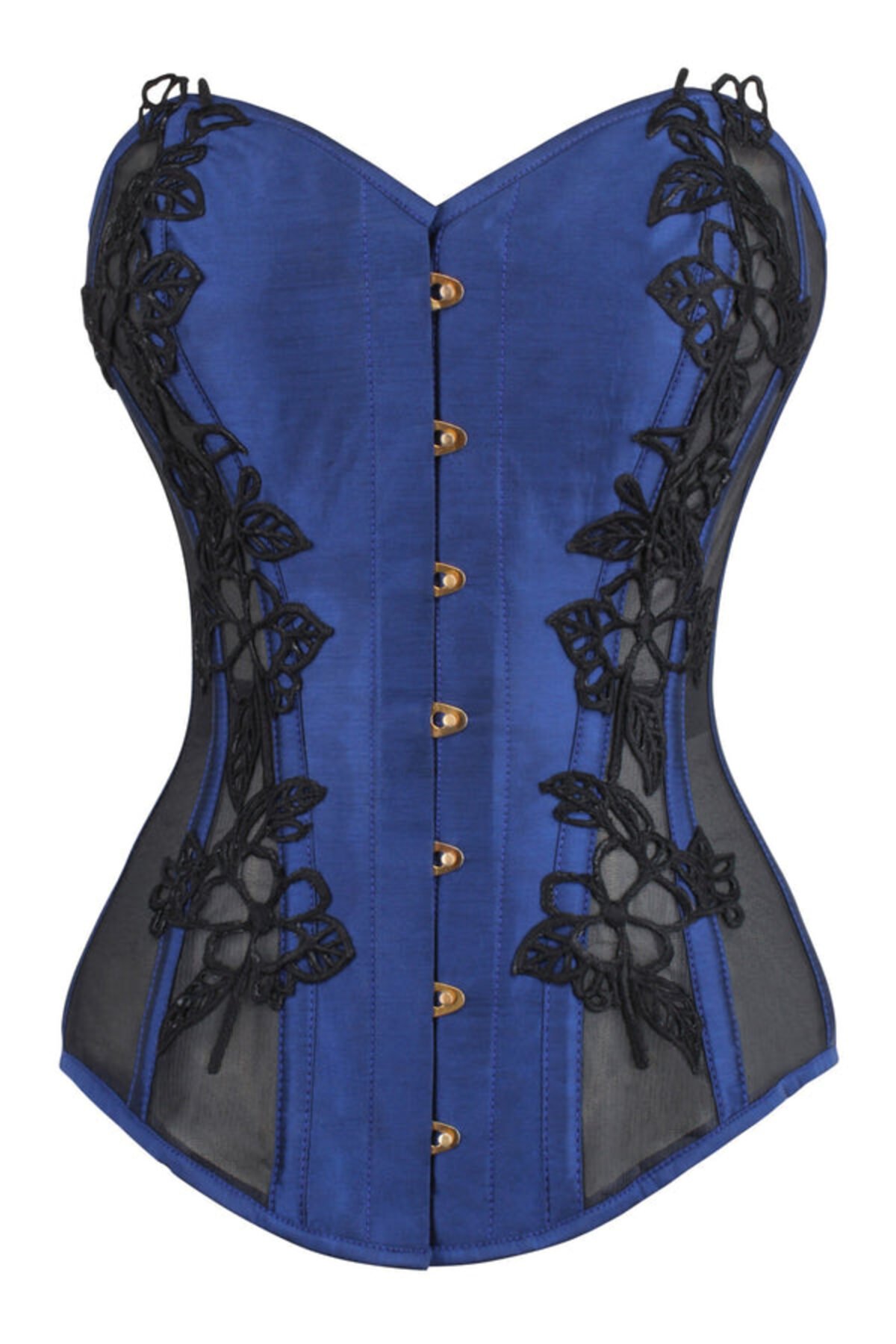 Blue Satin Bustier Longline Corset with Lace and Mesh Panels