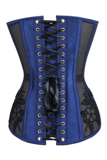 Blue Satin Bustier Longline Corset with Lace and Mesh Panels