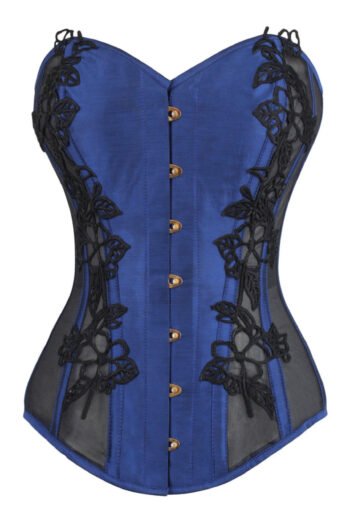 Blue Satin Bustier Longline Corset with Lace and Mesh Panels