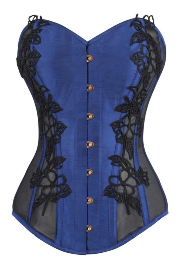 Blue Satin Bustier Longline Corset with Lace and Mesh Panels