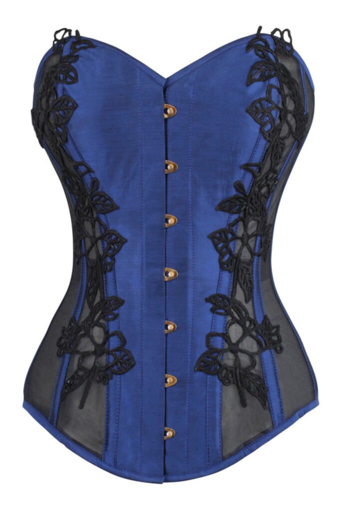 Blue Satin Bustier Longline Corset with Lace and Mesh Panels