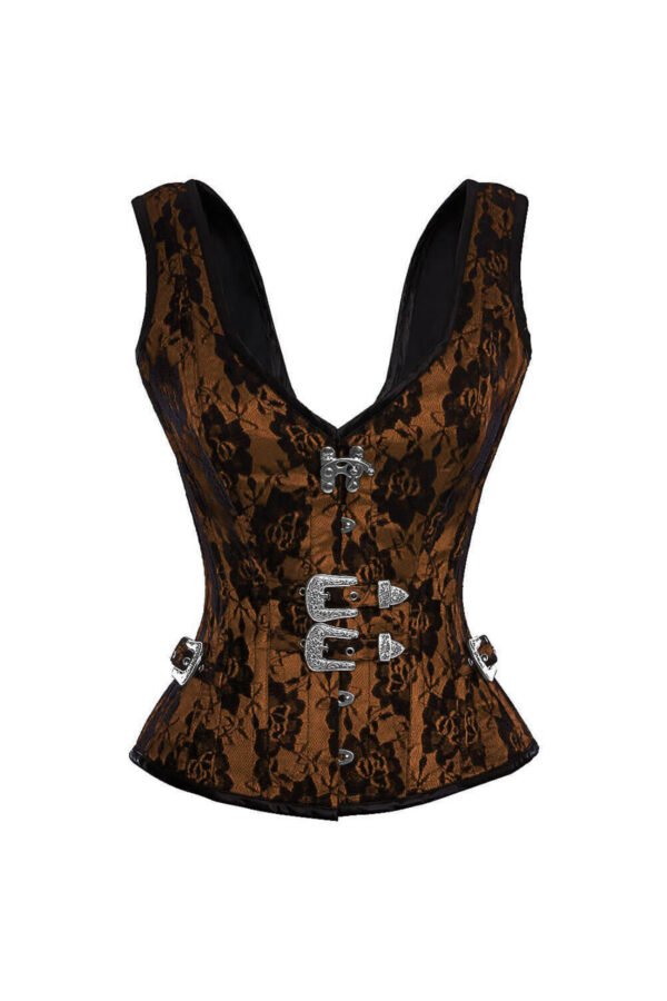 Brown Net Covered Shoulder Strap Satin Bustier Gothic Corset Top