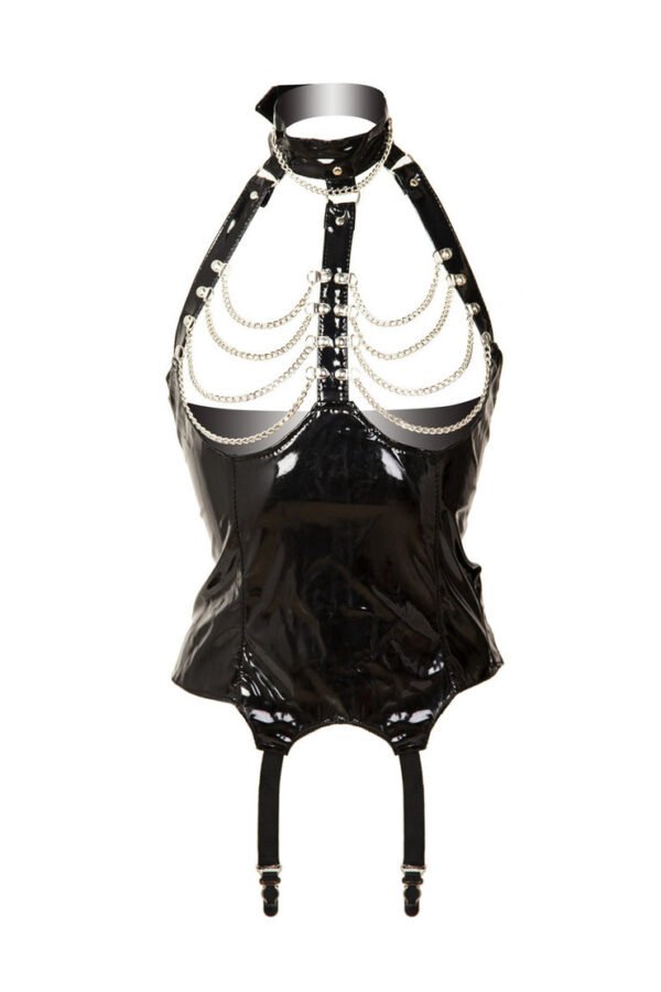 PVC Harness Corset Choker And Chain Basque in Black