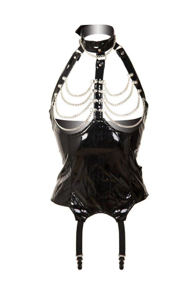 PVC Harness Corset Choker And Chain Basque in Black