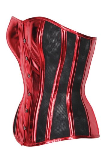 Red PVC Overbust Corset With Black Mesh Panels