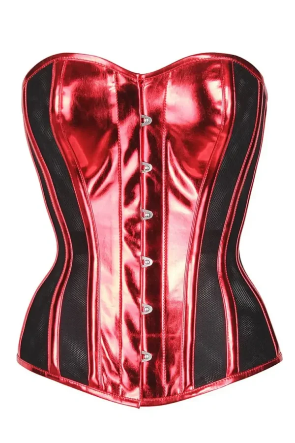 Red PVC Overbust Corset With Black Mesh Panels