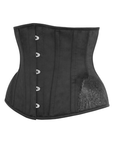 Black Half Corset With Brocade Hip Panel And Curved Hem
