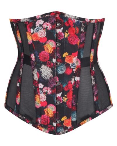 Floral Print Cotton Longline Half Corset with Black Mesh Panels