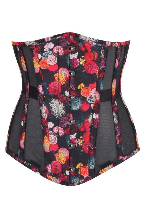 Floral Print Cotton Longline Half Corset with Black Mesh Panels