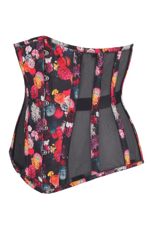 Floral Print Cotton Longline Half Corset with Black Mesh Panels