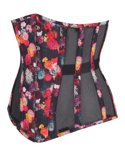 Floral Print Cotton Longline Half Corset with Black Mesh Panels