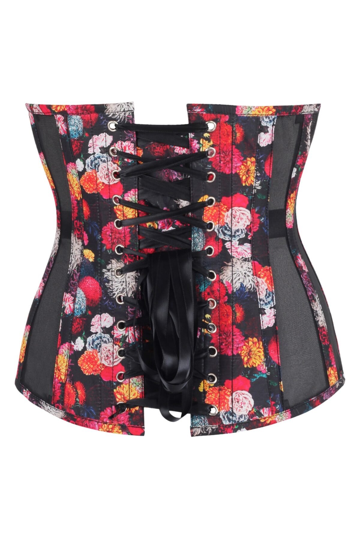 Floral Print Cotton Longline Half Corset with Black Mesh Panels