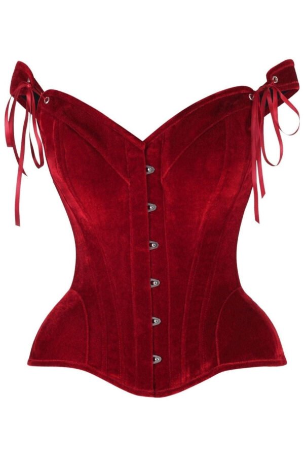 Red Overbust Velvet Steel Boned Hourglass Corset with Straps