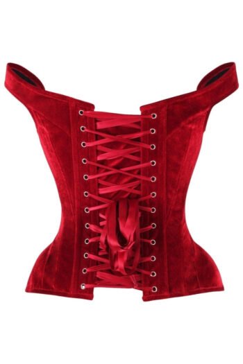 Red Overbust Velvet Steel Boned Hourglass Corset with Straps