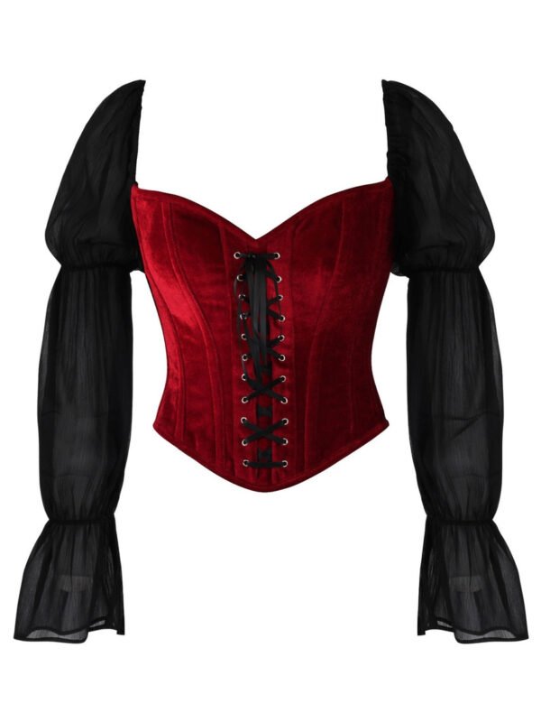 Red Velvet Steel Boned Overbust Corset Top with Sheer Sleeves