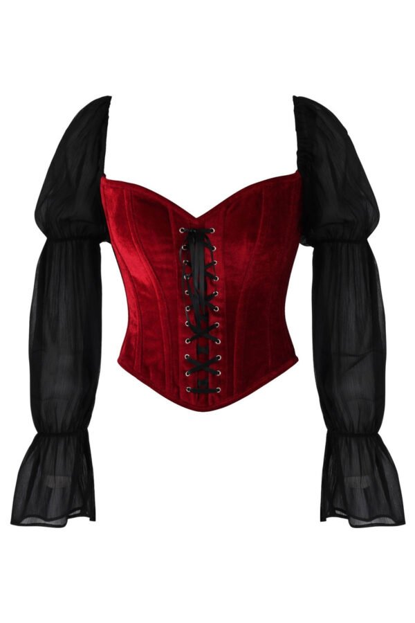 Red Velvet Steel Boned Overbust Corset Top with Sheer Sleeves