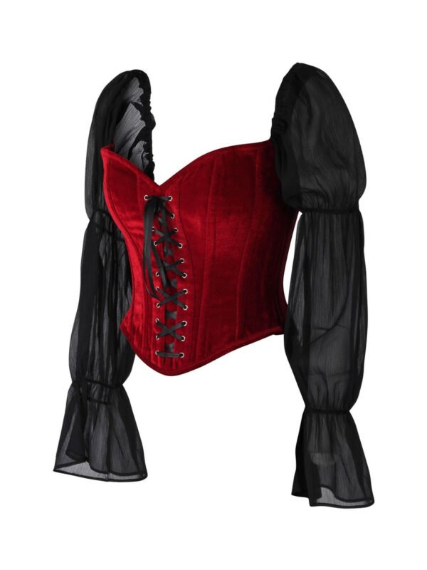 Red Velvet Steel Boned Overbust Corset Top with Sheer Sleeves