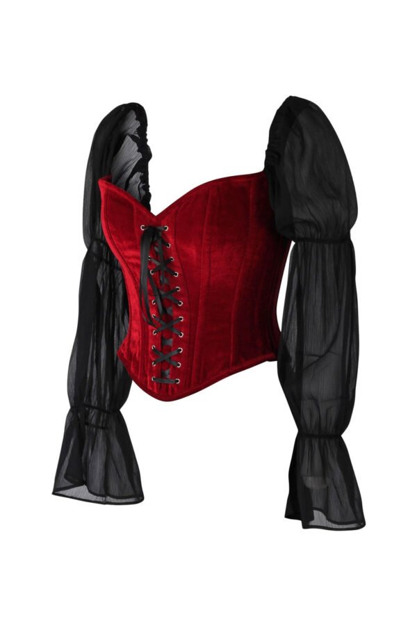 Red Velvet Steel Boned Overbust Corset Top with Sheer Sleeves