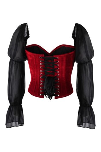 Red Velvet Steel Boned Overbust Corset Top with Sheer Sleeves