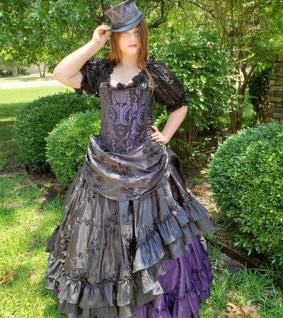 Purple and black brocade full bust witch corset costume womencorset.com