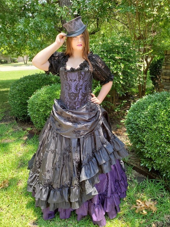 Purple and black brocade full bust witch corset costume womencorset.com