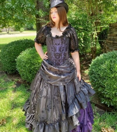 Purple and black brocade full bust witch corset costume womencorset.com