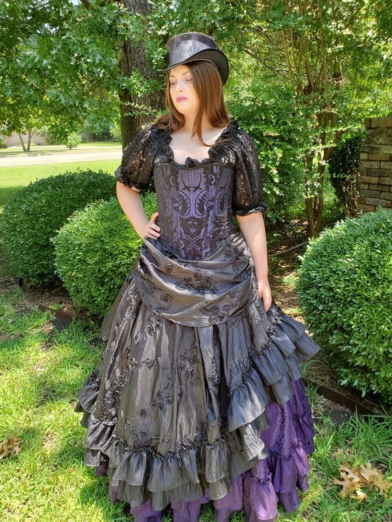 Purple and black brocade full bust witch corset costume womencorset.com