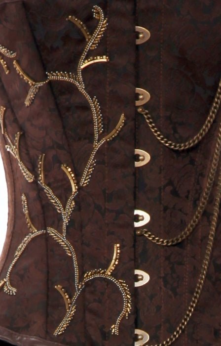 Brown Brocade Fancy Punk Corset With Gold Chain Detailing