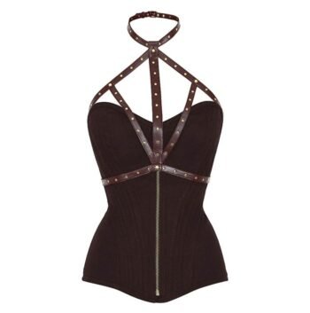 Brown Cotton Overbust Punk Corset With Neck Gear