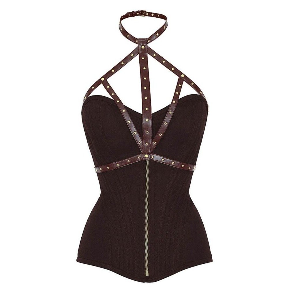 Brown Cotton Overbust Punk Corset With Neck Gear