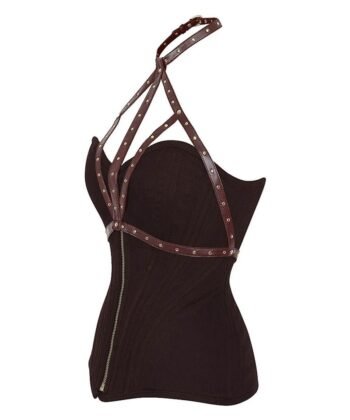 Brown Cotton Overbust Punk Corset With Neck Gear