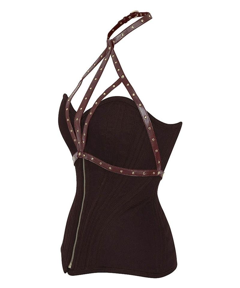 Brown Cotton Overbust Punk Corset With Neck Gear
