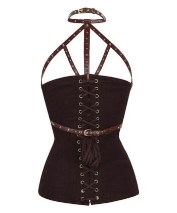 Brown Cotton Overbust Punk Corset With Neck Gear