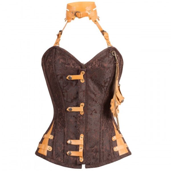 Brown Punk Women Corset With Attached Neck Gear