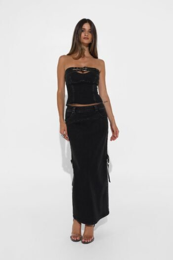 Black denim corset, bodycon corset, boned corset, bustier denim top, corset style top, cropped corset top, curve accent corset, denim corset top, distressed denim corset, fashion corset top, grunge denim corset, high waist corset, lace up back corset, party denim bustier, seamless denim bustier, solid denim corset, strapless corset, strapless denim corset, streetwear corset, tube corset top