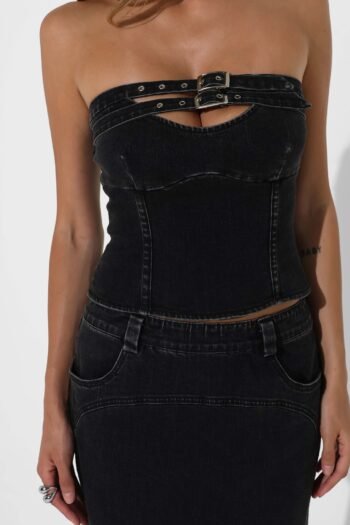 Black denim corset, bodycon corset, boned corset, bustier denim top, corset style top, cropped corset top, curve accent corset, denim corset top, distressed denim corset, fashion corset top, grunge denim corset, high waist corset, lace up back corset, party denim bustier, seamless denim bustier, solid denim corset, strapless corset, strapless denim corset, streetwear corset, tube corset top