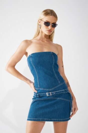 blue denim corset, bodycon corset, boned corset, bustier denim top, corset style top, cropped corset top, curve accent corset, denim corset top, distressed denim corset, fashion corset top, grunge denim corset, high waist corset, lace up back corset, party denim bustier, seamless denim bustier, solid denim corset, strapless corset, strapless denim corset, streetwear corset, tube corset top