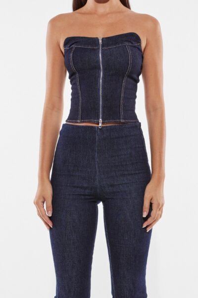 blue denim corset, bodycon corset, boned corset, bustier denim top, corset style top, cropped corset top, curve accent corset, denim corset top, distressed denim corset, fashion corset top, grunge denim corset, high waist corset, lace up back corset, party denim bustier, seamless denim bustier, solid denim corset, strapless corset, strapless denim corset, streetwear corset, tube corset top