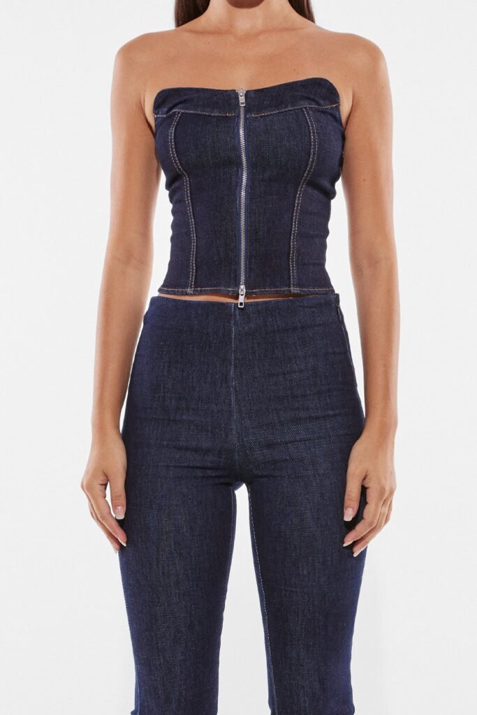 blue denim corset, bodycon corset, boned corset, bustier denim top, corset style top, cropped corset top, curve accent corset, denim corset top, distressed denim corset, fashion corset top, grunge denim corset, high waist corset, lace up back corset, party denim bustier, seamless denim bustier, solid denim corset, strapless corset, strapless denim corset, streetwear corset, tube corset top