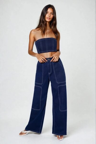 blue denim corset, bodycon corset, boned corset, bustier denim top, corset style top, cropped corset top, curve accent corset, denim corset top, distressed denim corset, fashion corset top, grunge denim corset, high waist corset, lace up back corset, party denim bustier, seamless denim bustier, solid denim corset, strapless corset, strapless denim corset, streetwear corset, tube corset top