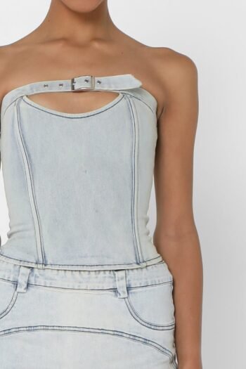 denim corset, bodycon corset, boned corset, bustier denim top, corset style top, cropped corset top, curve accent corset, denim corset top, distressed denim corset, fashion corset top, grunge denim corset, high waist corset, lace up back corset, party denim bustier, seamless denim bustier, solid denim corset, strapless corset, strapless denim corset, streetwear corset, tube corset top